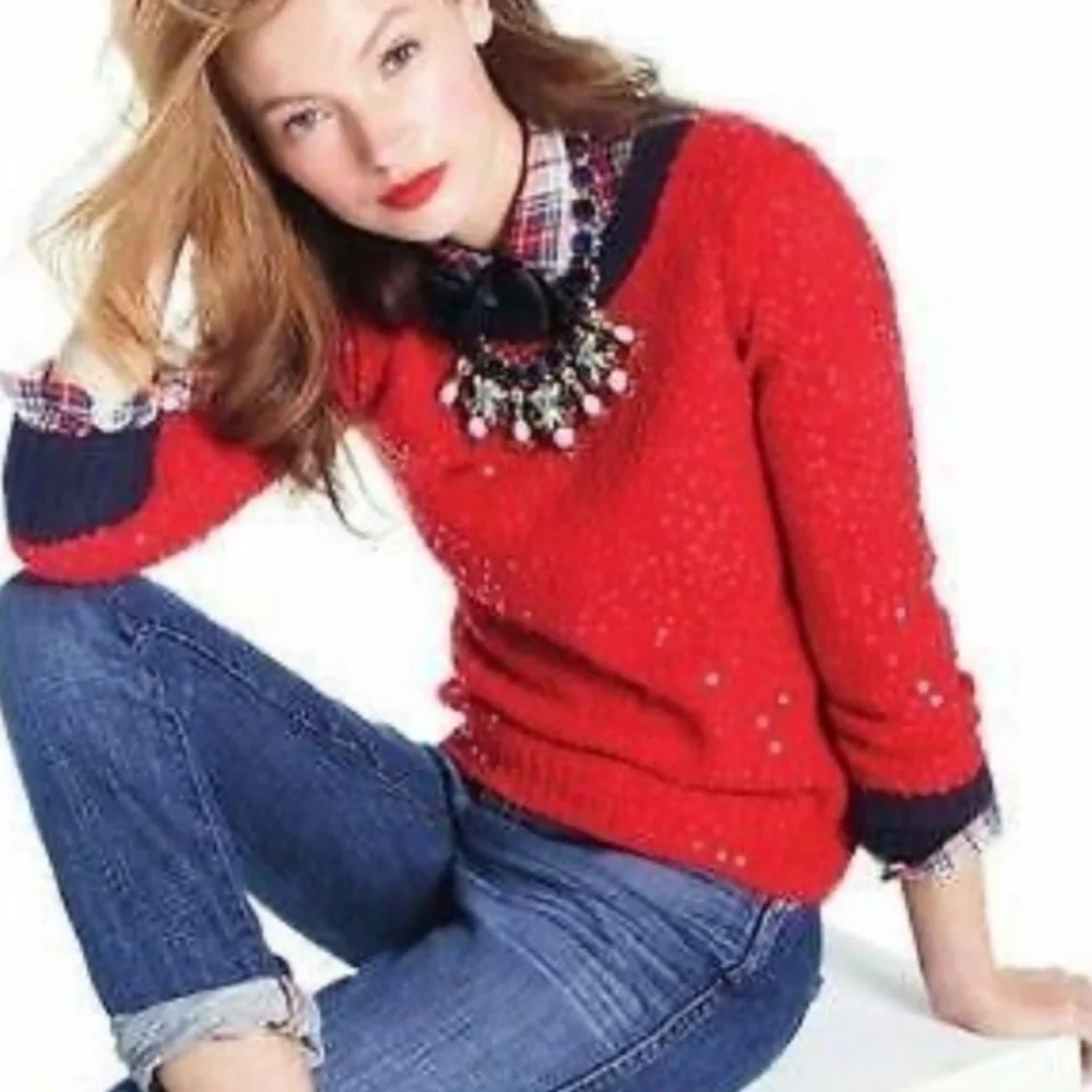 J. Crew Red Poppy Sequin and Navy Trimmed Sweater